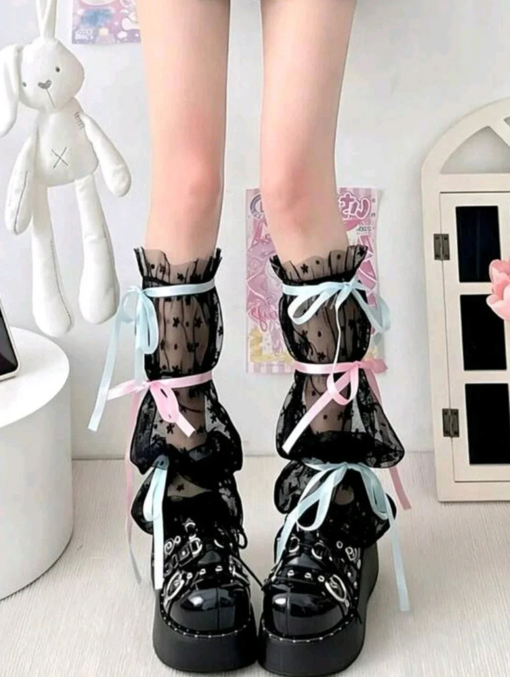 Blue & Pink Lace Ribbon Leg Warmers